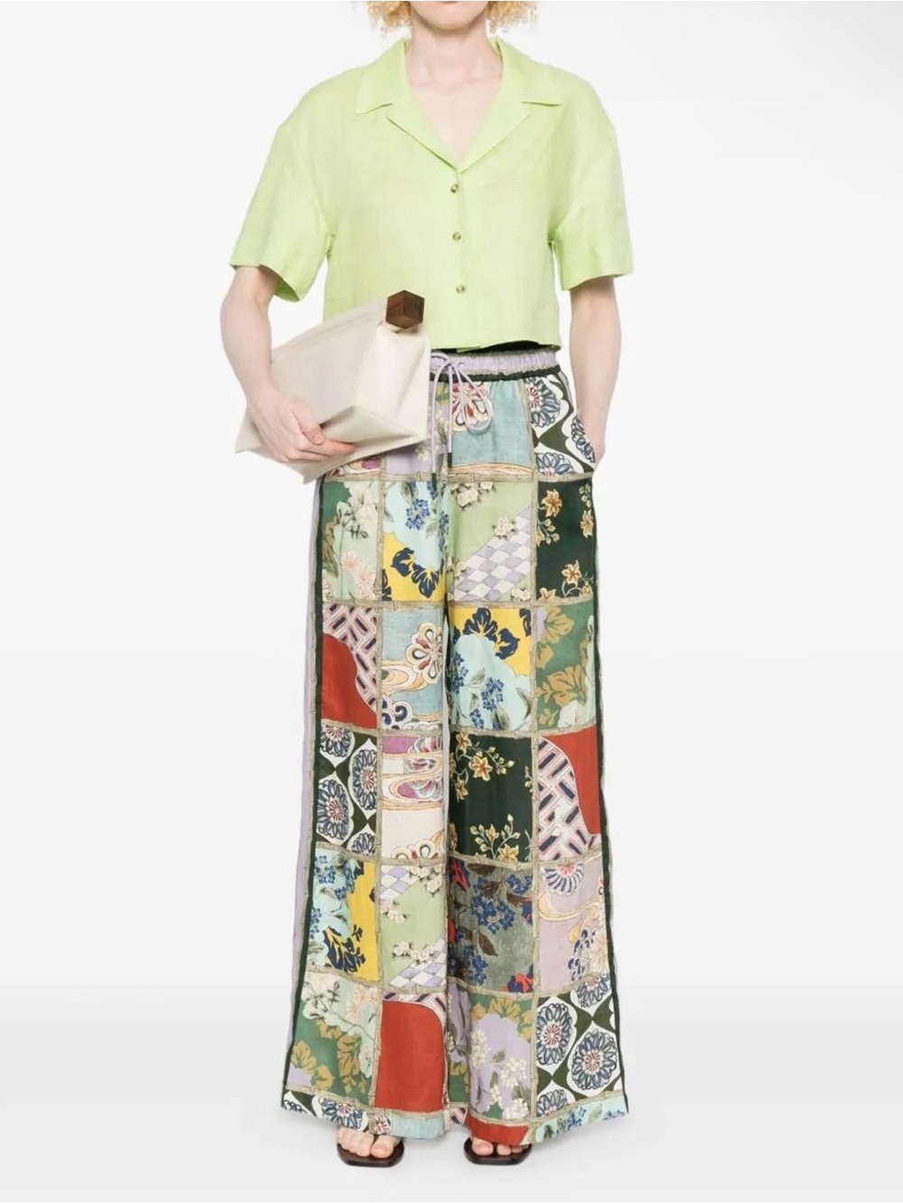 ALÉMAIS Bianca Patchwork Linen Wide-Leg Pants Sz 0 MSRP $445